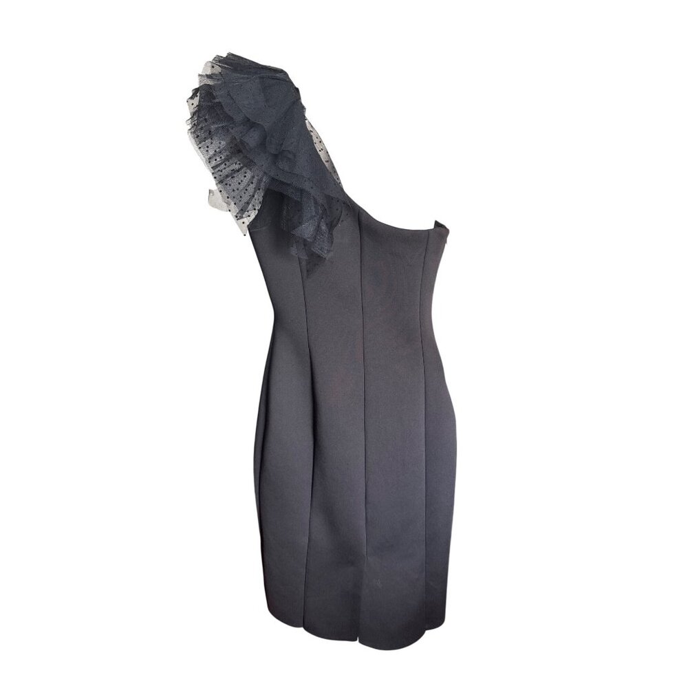 Eliza J One Shoulder Scuba Black Cocktail Dress 8 Tulle Ruffle Sheath Coquette - Picture 3 of 12